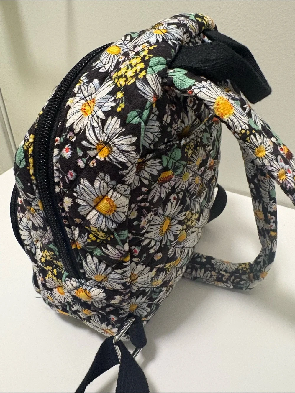 Vera Bradley Black Floral Quilted Mini Backpack with White Daisies